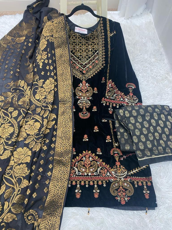 3 Pcs Velvet Embroidered Outfit