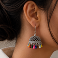 Silver Jhumka Earring with Multicolor Bead Fringe