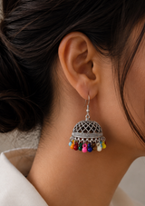 Silver Jhumka Earring with Multicolor Bead Fringe