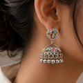 Silver Jhumka Earrings with Colorful Moti Heart Stud