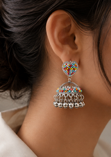 Silver Jhumka Earrings with Colorful Moti Heart Stud