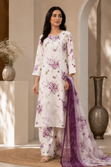 Cream & Magenta Chiken Kari Embroidered Lawn 3 Piece Suit with Farshi Shalwar