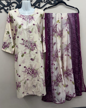 Cream and magenta chicken kari embroidered lawn 3 piece suit with Farshi shalwar
