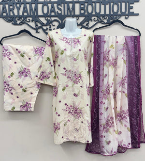 Cream and magenta chicken kari embroidered lawn 3 piece suit with Farshi shalwar