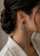 Green Stone Silver Jhumka Earrings – Traditional Pakistani Jewelry
