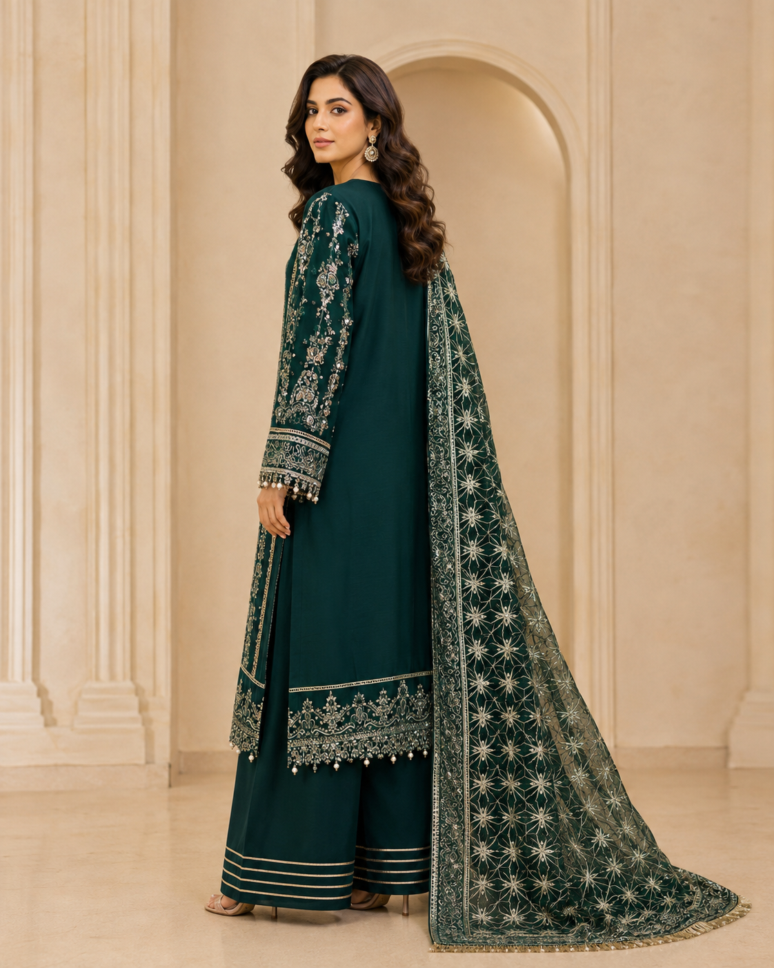 Dark emerald embroidered Pakistani shirt with detailed sleeves in Canada.