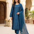 Deep Blue Teal Embroidered Silk 3-Piece Pakistani Suit with Chiffon Dupatta