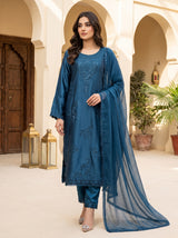 Deep Blue Teal Embroidered Silk 3-Piece Pakistani Suit with Chiffon Dupatta