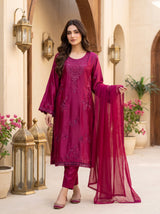 Deep Magenta Pink Embroidered Silk 3-Piece Pakistani Suit with Chiffon Dupatta