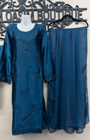 Deep blue teal Pakistani embroidered suit with silk trousers