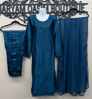 Deep blue teal embroidered silk 3-piece Pakistani suit with chiffon dupatta