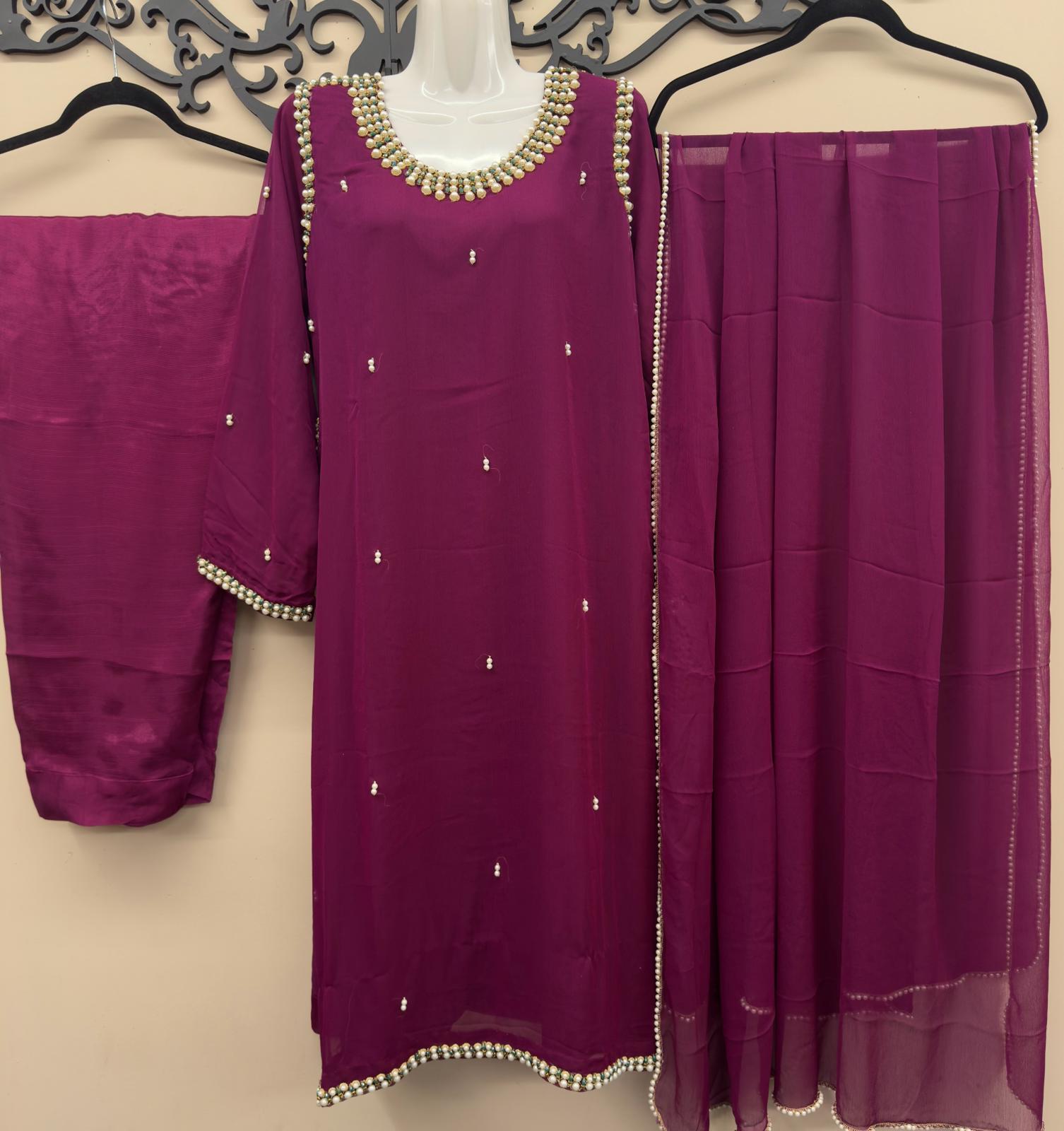 Deep magenta chiffon Pakistani handwork dress with chiffon dupatta