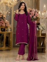 Deep magenta chiffon Pakistani handwork dress with chiffon dupatta