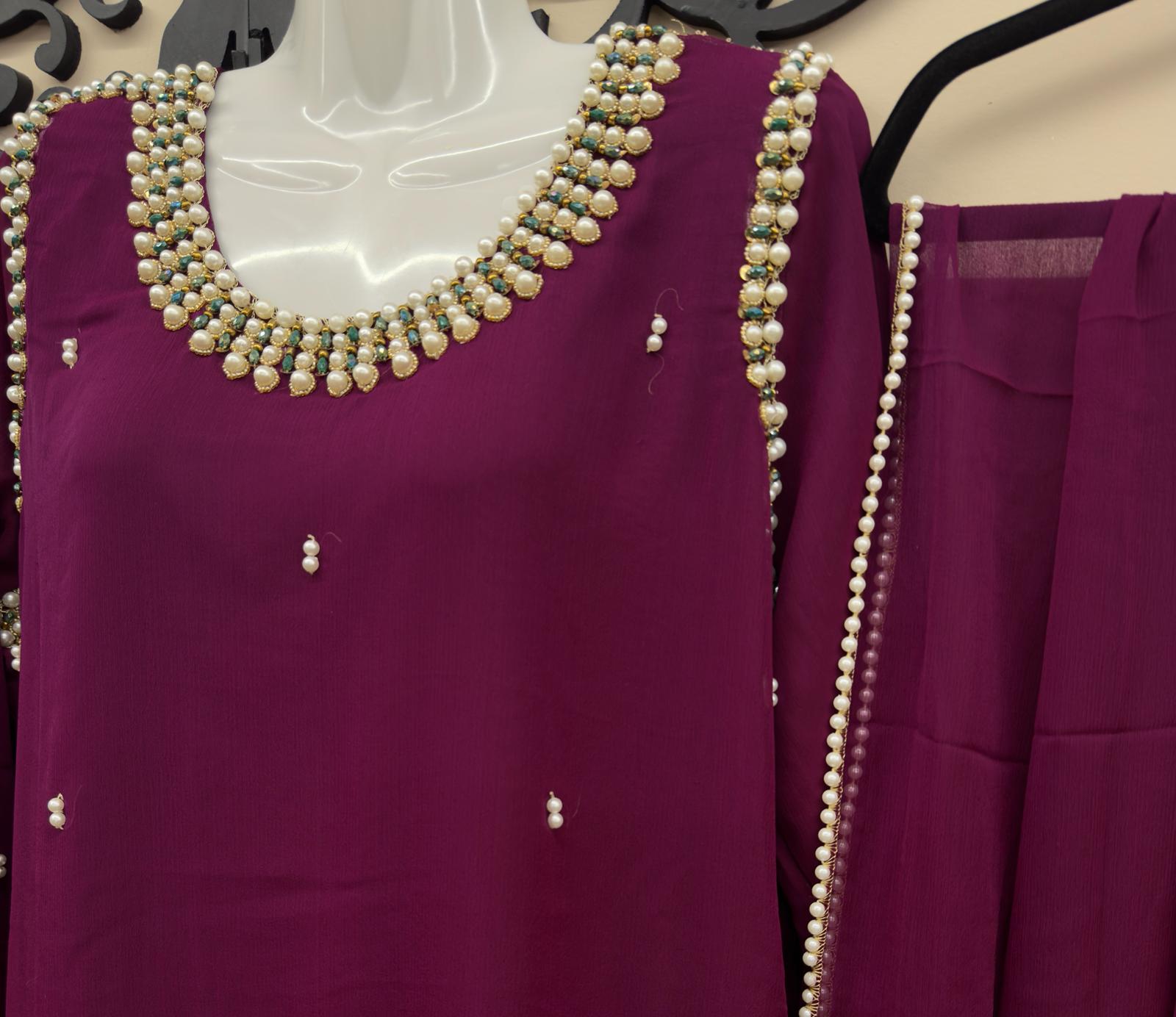 Pakistani Deep magenta chiffon  handwork dress with chiffon dupatta in canada
