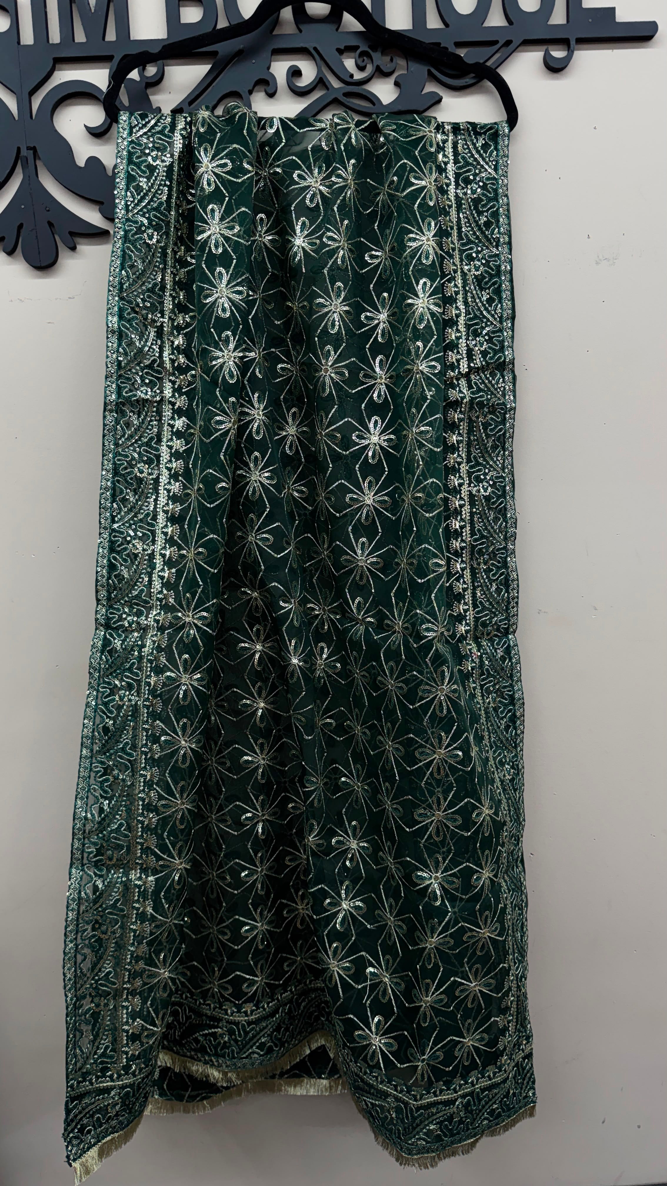 Deep bottle green fully embroidered organza dupatta