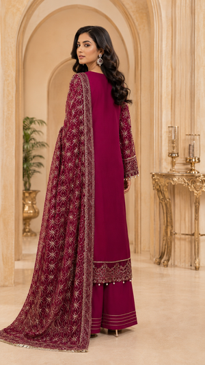 Deep magenta embroidered Pakistani shirt with fully embroidered sleeves in Canada