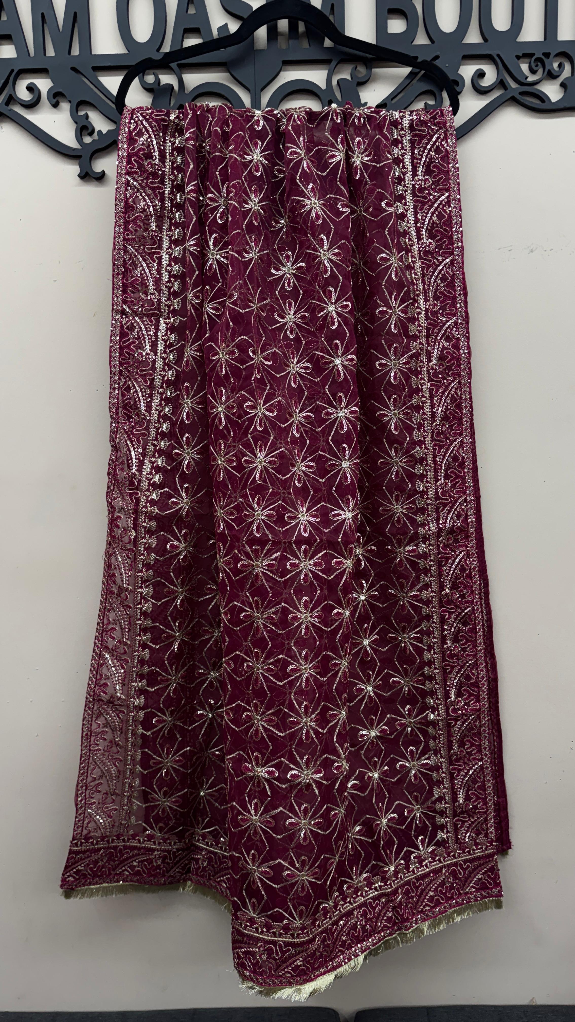 Deep magenta fully embroidered organza dupatta