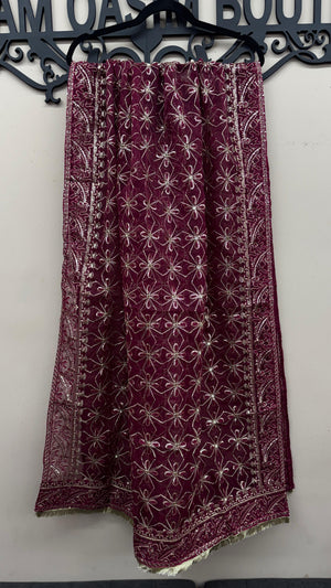 Deep magenta fully embroidered organza dupatta