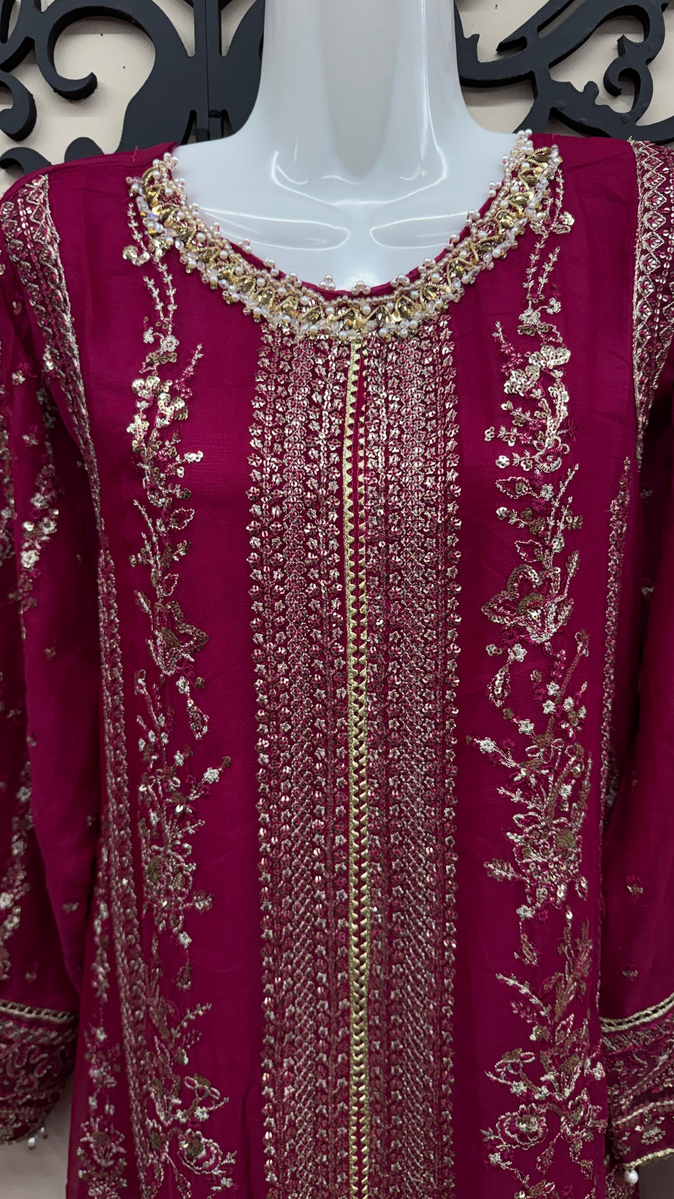 Deep magenta wine Pakistani wedding suit with embroidered detail