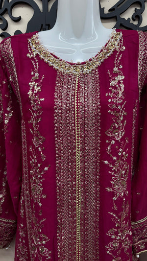 Deep magenta wine Pakistani wedding suit with embroidered detail