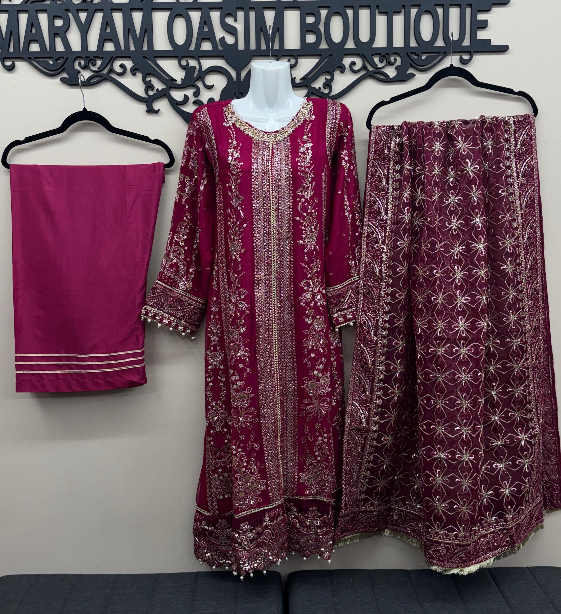 Deep magenta wine Pakistani wedding suit with embroidered front in Calgary, Canada