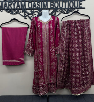 Deep magenta wine Pakistani wedding suit with embroidered front in Calgary, Canada