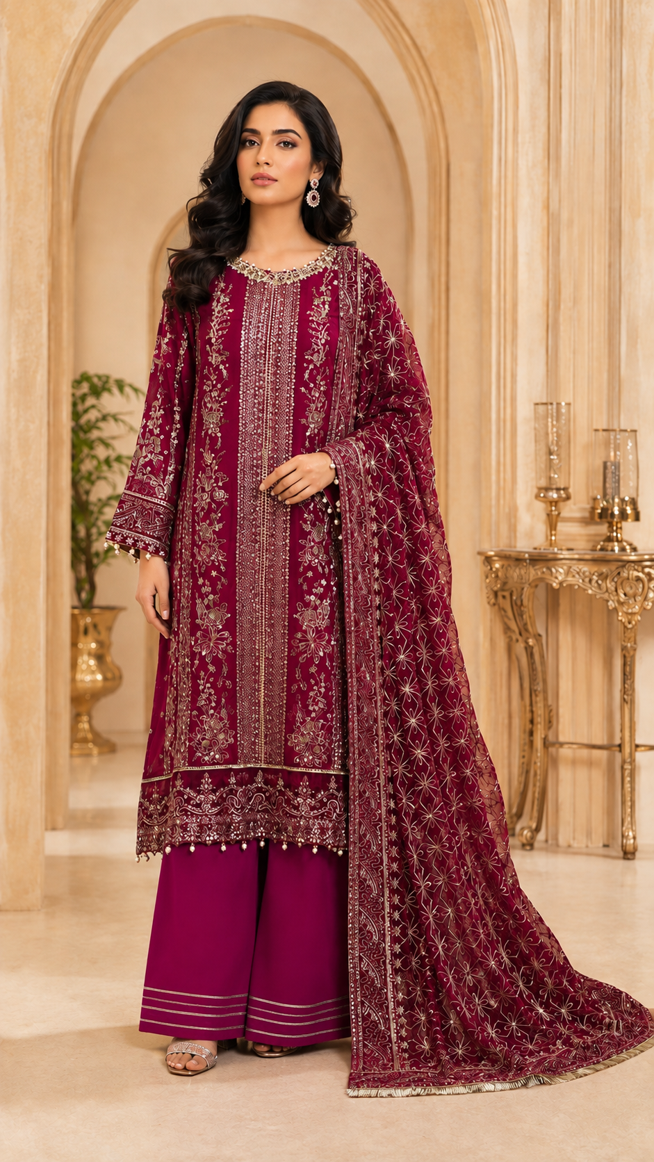 Deep magenta wine embroidered Pakistani 3-piece suit in Canada.