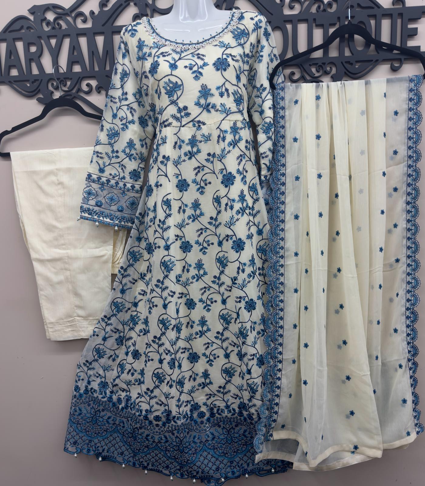 Indian blue chiffon embroidered maxi dress with embroidered dupatta and trousers in canada