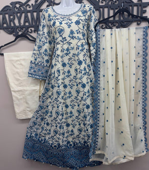 Indian blue chiffon embroidered maxi dress with embroidered dupatta and trousers in canada