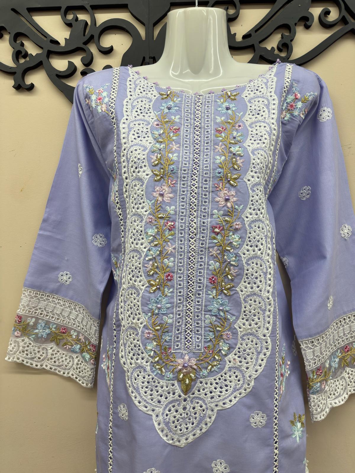 Light purple embroidered cotton 3 piece Pakistani suit with embroidered shalwar and voile zari dupatta