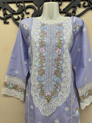 Light purple embroidered cotton 3 piece Pakistani suit with embroidered shalwar and voile zari dupatta