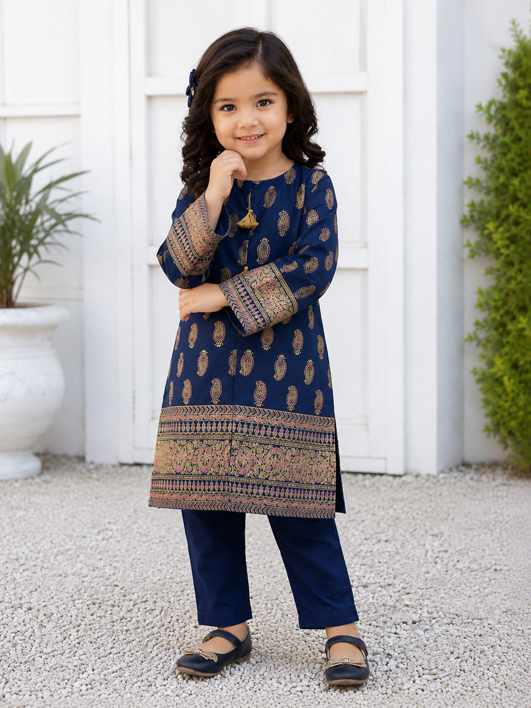 Girls blue embroidered 2 piece cotton suit from Maryam Qasim Boutique.