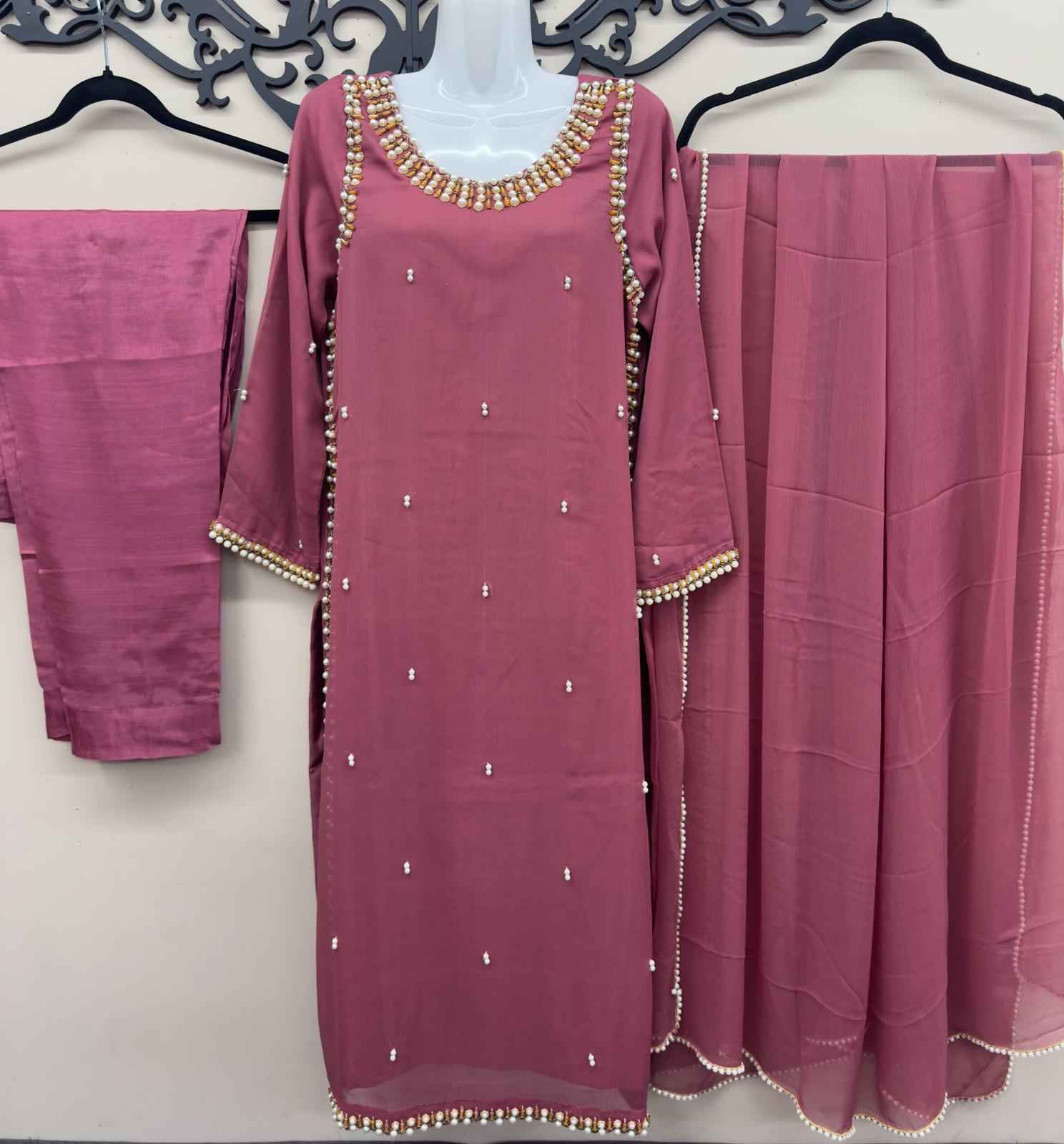 Maryam Qasim Boutique Dusty Pink Chiffon Handwork 3 Piece Dress