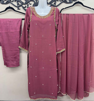 Maryam Qasim Boutique Dusty Pink Chiffon Handwork 3 Piece Dress