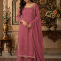 Dusty pink chiffon formal Pakistani dress with handmade beadwork