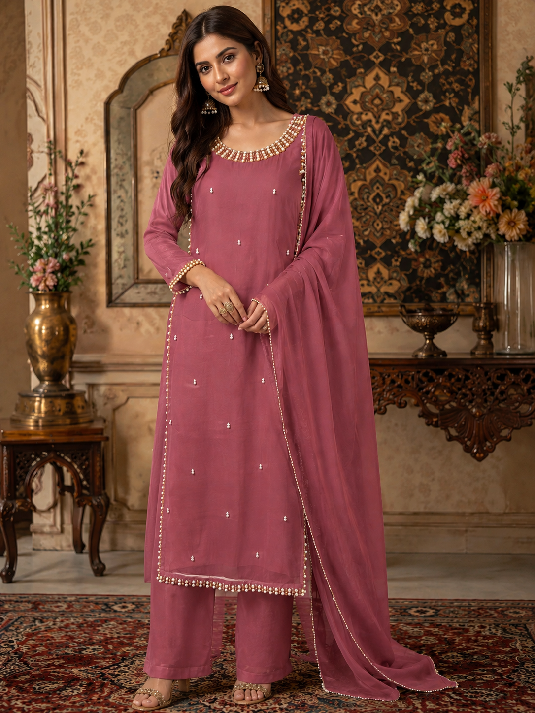Dusty pink chiffon formal Pakistani dress with handmade beadwork
