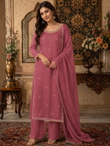 Dusty pink chiffon formal Pakistani dress with handmade beadwork
