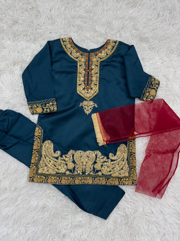 Navy Blue Embroidery 3-Piece Girls Suit