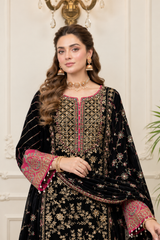 Black Velvet Embroidered Suit 3 Piece