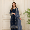 Gray Velvet Embroidered Shirt Palazzo Suit 3PC