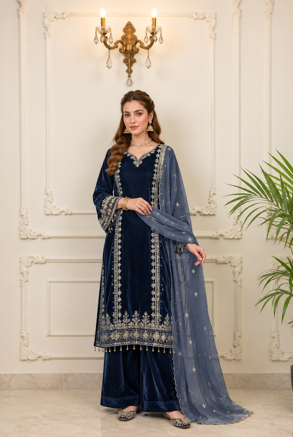 Navy Blue Velvet Embroidered Shirt Palazzo Suit 3PC