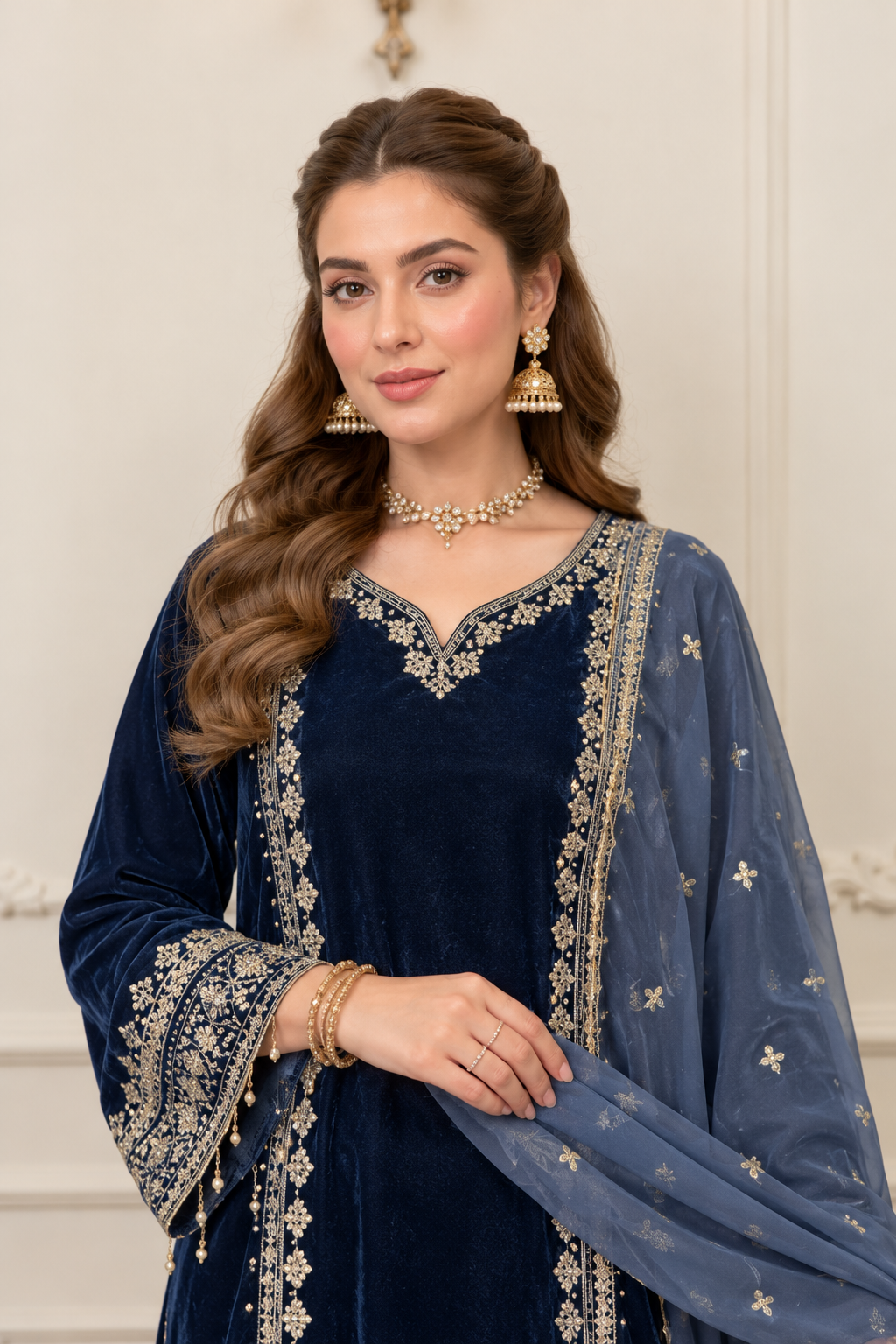 Navy Blue Velvet Embroidered Shirt Palazzo Suit 3PC
