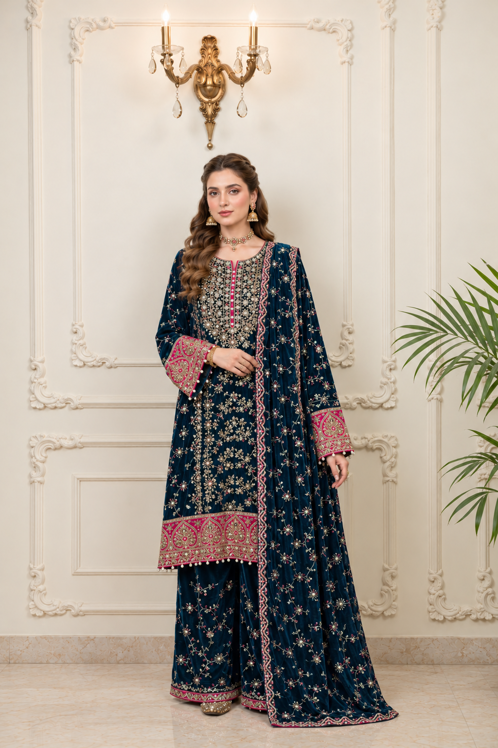 Teal Blue Velvet Embroidered Suit 3 Piece