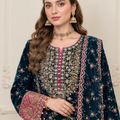 Teal Blue Velvet Embroidered Suit 3 Piece