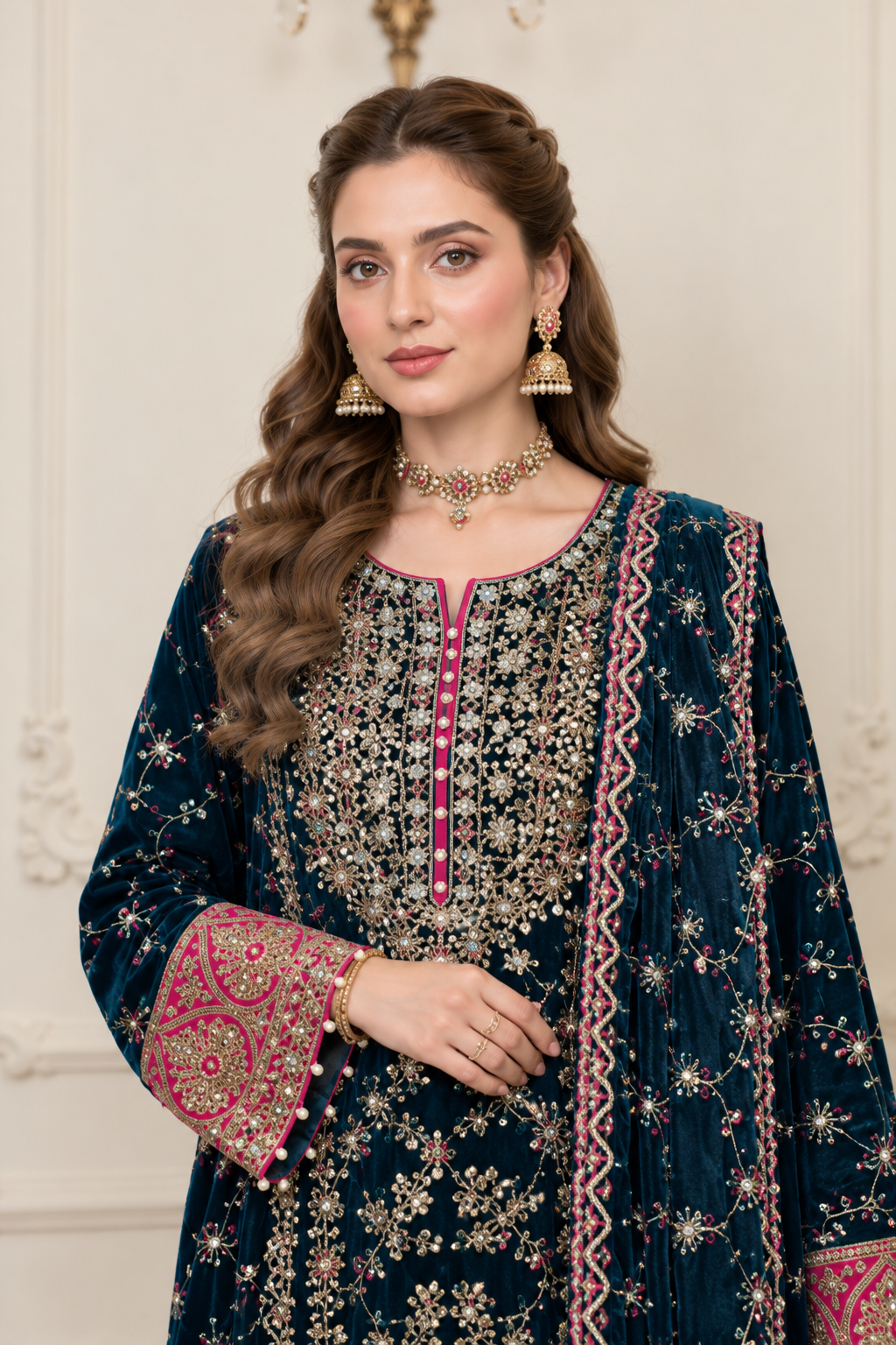 Teal Blue Velvet Embroidered Suit 3 Piece