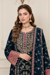 Teal Blue Velvet Embroidered Suit 3 Piece