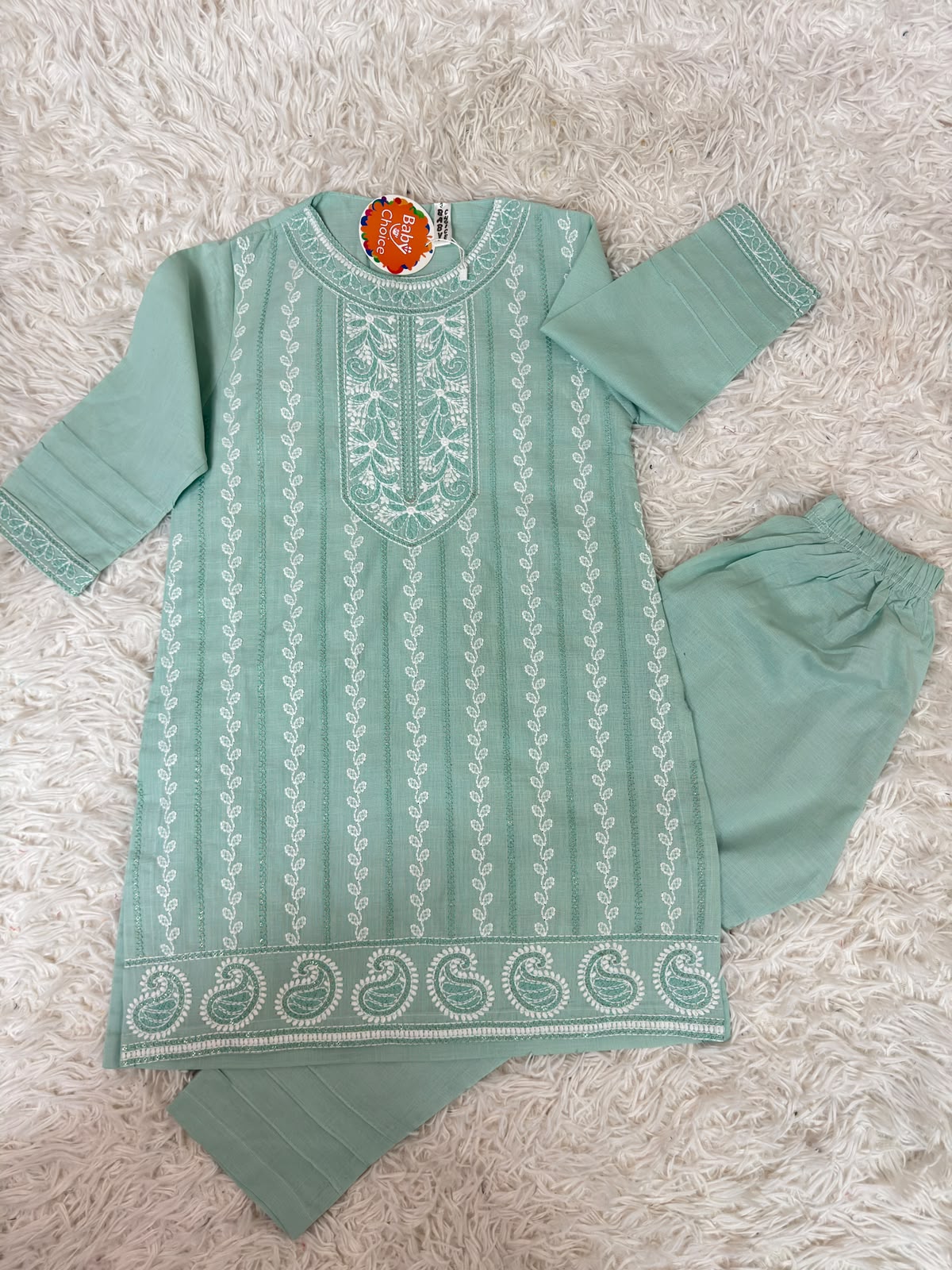 Elegant Sky Blue Girls Cotton Dress with Embroidery and Matching Trousers Canada