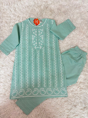 Elegant Sky Blue Girls Cotton Dress with Embroidery and Matching Trousers Canada