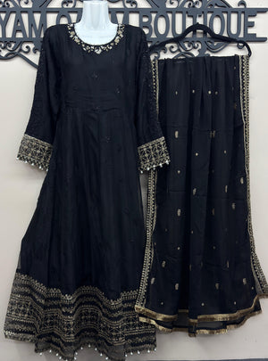 Elegant black Pakistani fancy embroidered maxi dress with dupatta and trousers for weddings, Eid, and formal occasions.