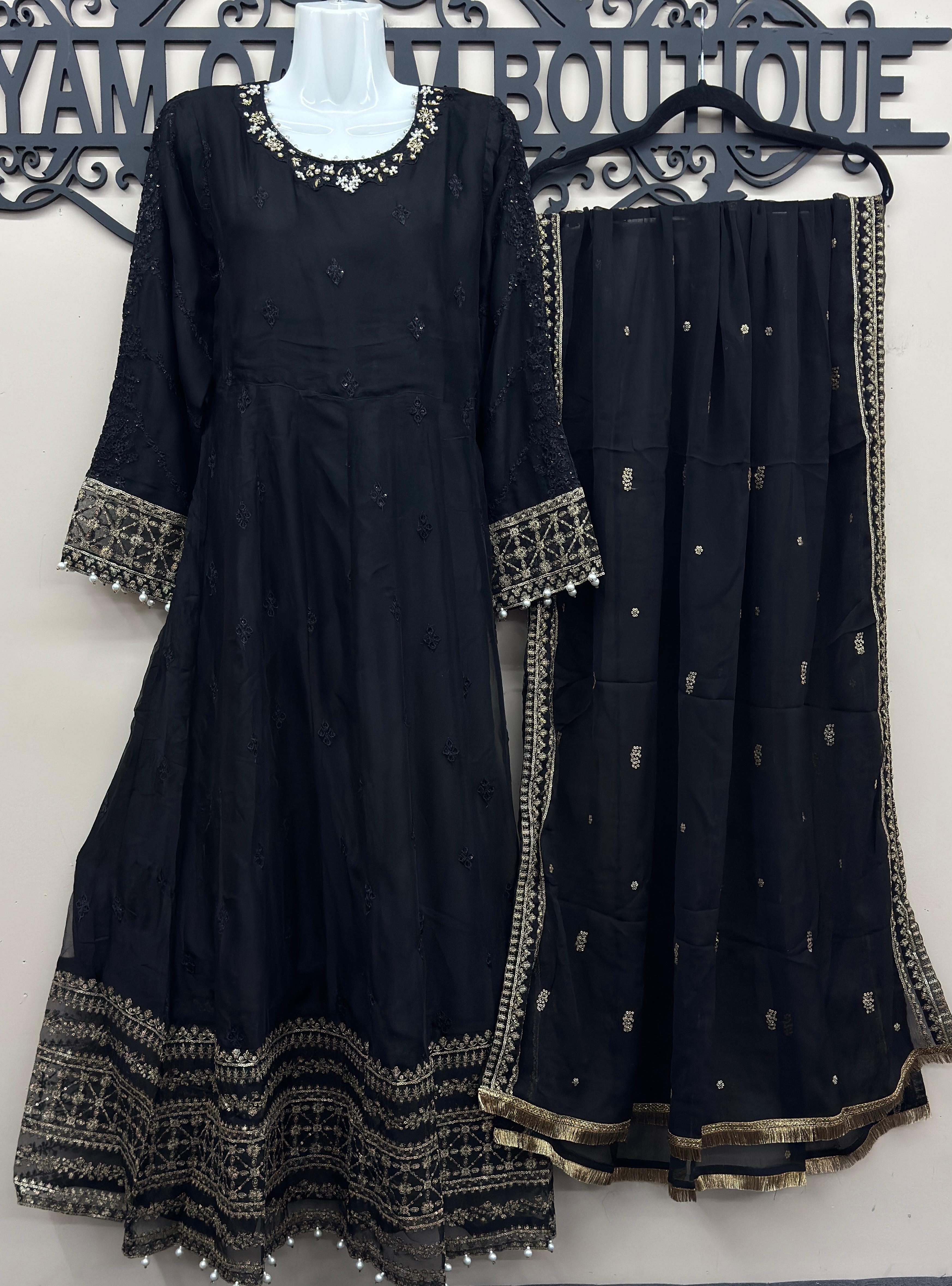 Elegant black Pakistani fancy embroidered maxi dress with dupatta and trousers for weddings, Eid, and formal occasions.